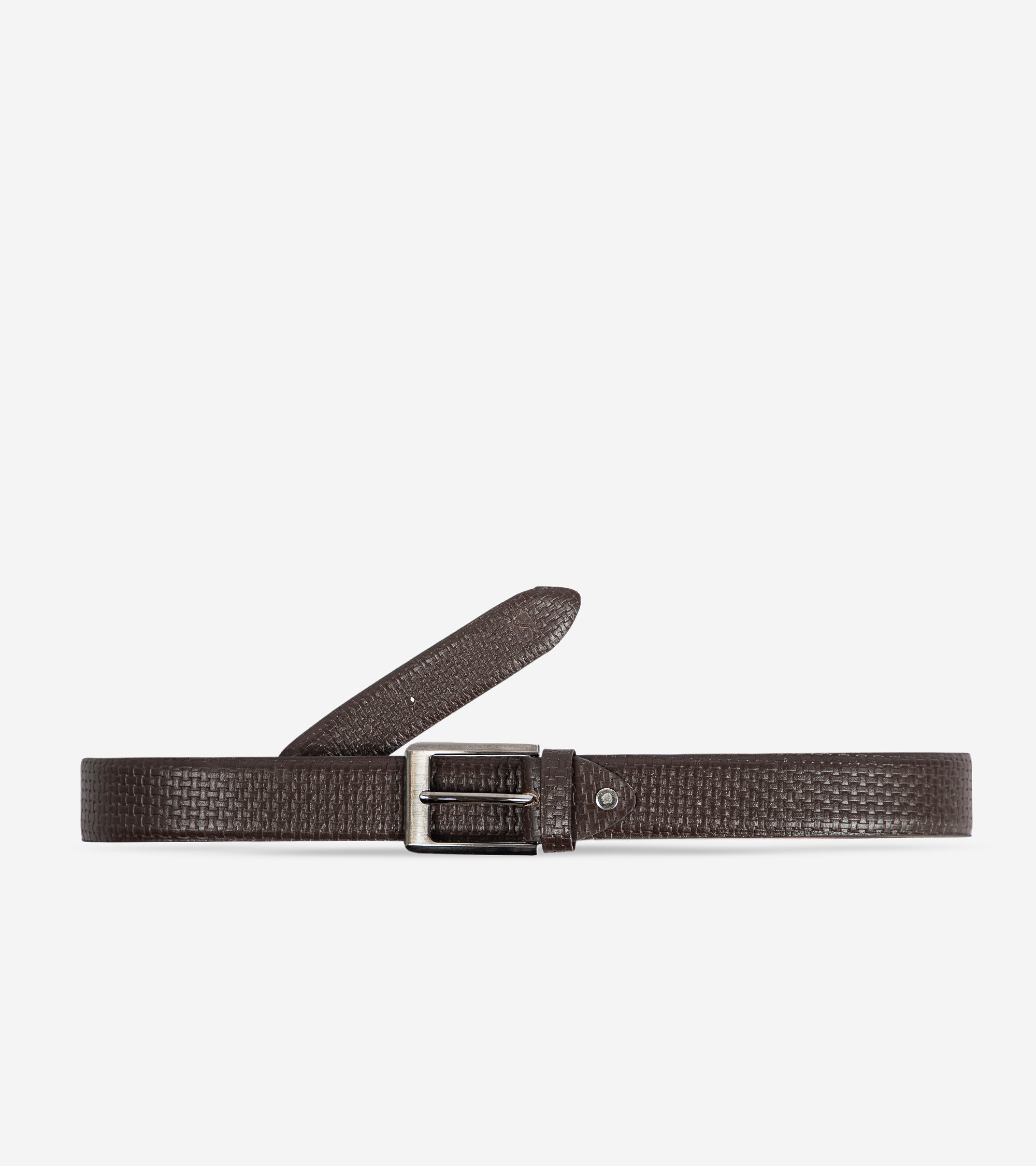 A brown genuine leather belt with a metal buckle, displayed against a plain background.